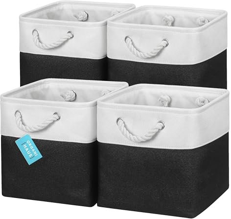 OrganiHaus Aufbewahrungsbox 28x28cm 4er-Set, Würfelkörbe aus Stoff mit Seilgriffen, Faltbare Aufbewahrungswürfel für Kallax Organizer, Ablagekörbe für das Kinderzimmer Schwarz-Weiss