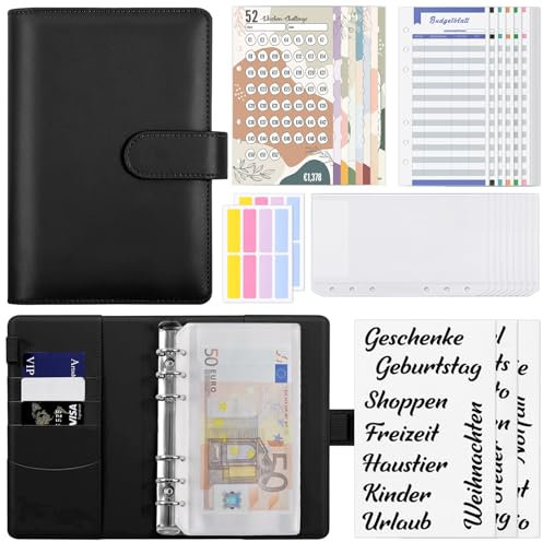 KONVINIT Budget Planner Deutsch,A6 Sparchallenge Budgetplaner,Budget binder mit 8 Sparchallenges 1€ | 2€ | 5€ | 10€ | 1000€| 52 Wochen Finanzplaner Haushaltsbuch Geld organizer,schwarz