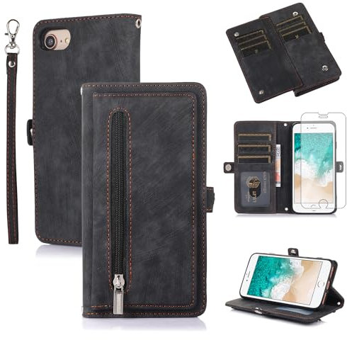 Asuwish Phone Case for iPhone 7/8/SE 2020/2022 Wallet Cover With Screen Protector and Flip Zipper Card Holder Cell iPhone7 iPhone8 7s 8s i SE2020 SE2022 2/2nd/3/3rd Generation SE2 SE3 7SE 8SE Black