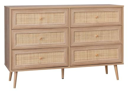 Kommode mit Holzlook und Rohrgeflecht, 6 Schubladen, 120x39x79 cm - Bohème