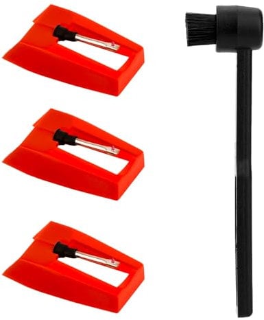 3 Pz Aghi per Giradischi e Spazzola per Pulizia, Puntine Giradischi Universali Aghi Punta Diamante Accessori per Crosley Victrola ION Giradischi LP Fonografo (Rosso)