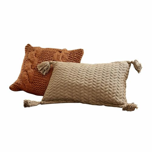 Loberon Kissenhülle 2er Set Mindy, Zwei attraktive Strickmuster-Varianten, angenehm weiche Haptik, warme Farbkombination, Kissenbezüge, Wohn-Accessoires, Baumwolle, orange/beige