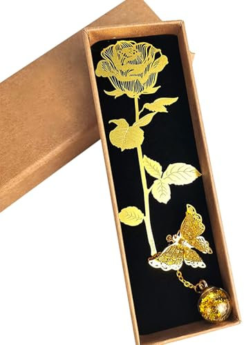 Fyfjur Lesezeichen Metall, Gold Rosenblüte Hohl Lesezeichen mit Schmetterling Anhänger Geschenkbox, Valentinstagsgeschenk für Sie, Bookmark für Mädchen, Freundin, Mutter, Personalisierte Geschenke