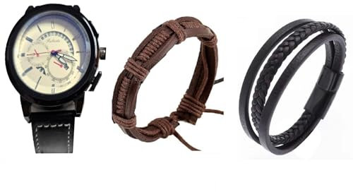 Mr. Gadget's Solutions Juego de 3 relojes de pulsera analógicos inteligentes de cuarzo para hombre, esfera blanca, correa negra con 2 pulseras de cuero (marrón y negro) - Caja de regalo, Negro y