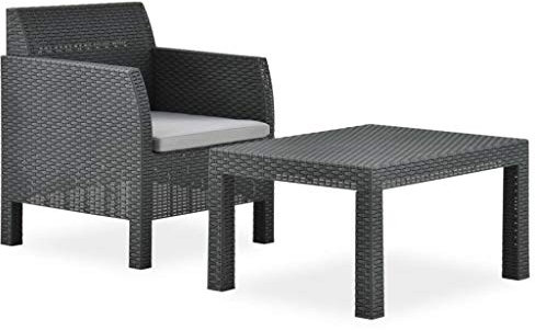 HETFTJN 2-TLG. Garten-Lounge-Set, Lounge Tisch Loungesessel Essgruppe Balkonmöbel Set Geeignet für Außen Garten Wenig Platz Balkon mit Auflage PP Rattan Anthrazit