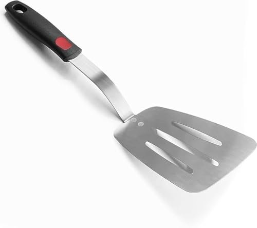 XiaoZu Stainless Steel Flexible Spatula Turner, Thin Metal Slotted Spatula for Cast Iron Skillet, Thin Blade and Heat Resistant Silicone Handle (Slotted Large)