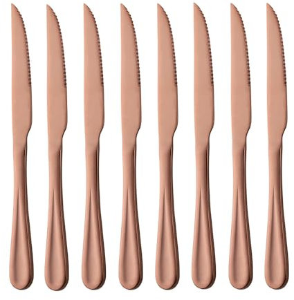 SBOMHS Set of 8 Serrated Steak Knives Table Knives Stainless Steel Dinner Knives Set 9 Inches (Rose Gold)