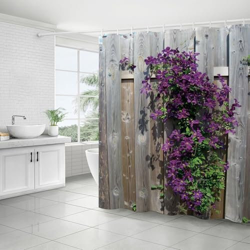 FAIRYGATE Bathroom Curtains Window Garden Shower Curtain 180x180 Flowers Plants Stone Wall Outdoor Scenery Picture Nature with Hooks Waterproof Fabric Washable Bath Curtains B8322