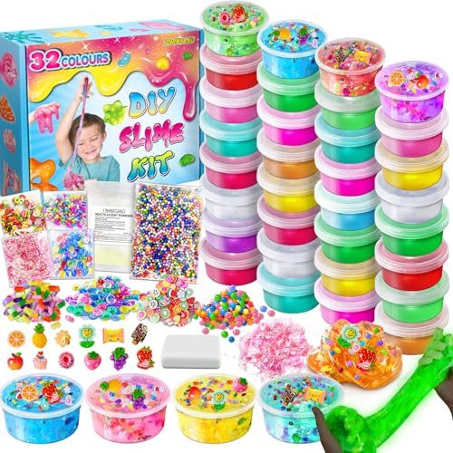 YOPINSAND 32 Cups DIY Slime Kit, Slime Making Kit for Girls 10-12, Glow in The Dark, Crystal Clear Slime with Add-ins, Foam Balls, Charms, Party Favors Gift Toys for Kids