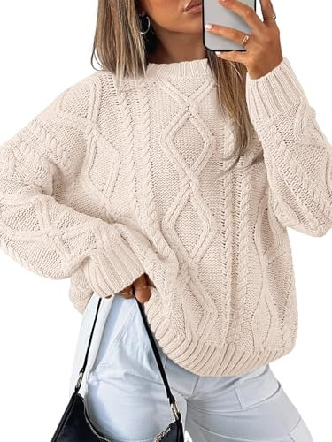 Trendy Queen Women's Oversized Cable Knit Crewneck Sweaters, Cream, Small