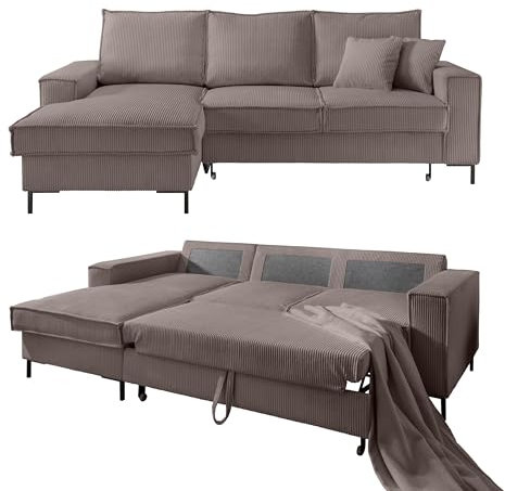 Modernes Cord Ecksofa 240x150 cm mit Schlaffunktion und Bettkasten, Wellenunterfederung, L-Couch mit Recamiere links, Liegefläche 125x198 cm, Cord-Bezug in Braun Taupe / 17225