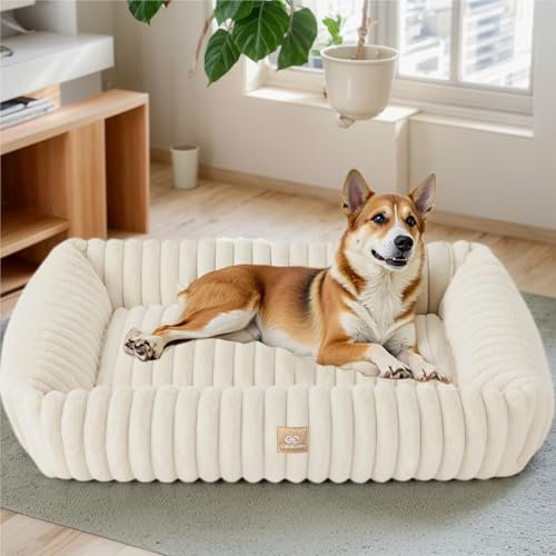 CareCooo Flauschiges Hundebett XXL für Große Hunde, Waschbar Abnehmbar, Rechteckig, rutschfest & Komfortabel, Hundekissen, Hundesofa für Extra Große Rassen, weiß, XL(109x76x20cm)