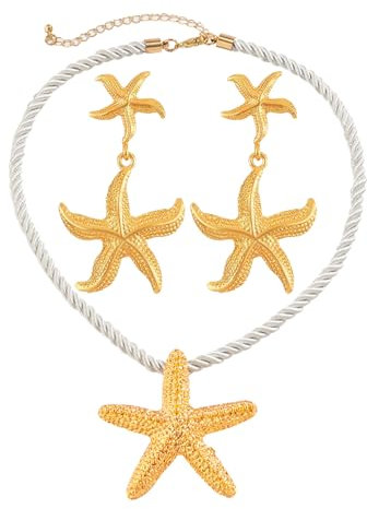 Gold Beach Starfish Pendant Necklace Earrings for Women,Ocean Style Beach Party Starfish Jewelry Set, Summer Vacation Bohemian Woven Rope Necklace, Surfer Jewelry Gift