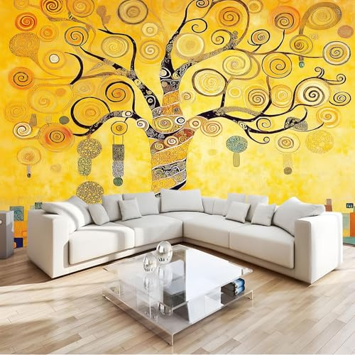 Papier Peint Panoramique Arbre De Vie Doré Style Klimt Poster Geant Mural 400x280 cm, pour Salon Chambre Chambre D'enfants Restaurant Décoration Murale