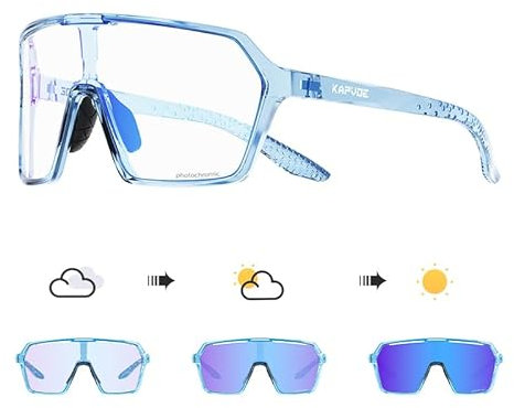 KAPVOE Fahrradbrille Selbsttönend für Herren Damen photochrome Sportsonnenbrille Klar Rennrad Brille TR90 Rahmen Radfahren MTB Radbrille mit UV400 Schutz Sportbrille für Laufen Fahren Triathlon Blau