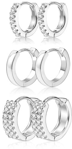ALEXCRAFT Silber 925 Creolen Klein Ohrringe Set - 3 Paar Mit Stein Zirkonia Glitzer Dick Breit Klobige Chunky Huggies für Damen Mädchen