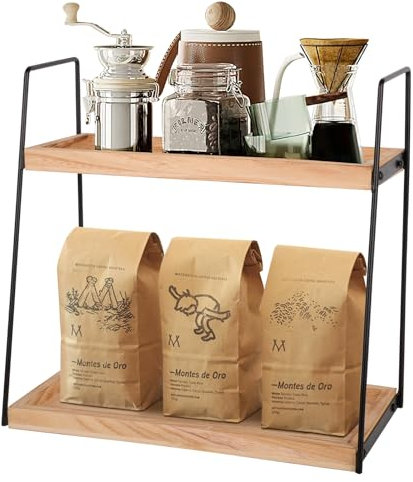 Caossuixin 2-Tier Kaffee Organizer, Holz Küchenarbeitsplatz Kaffee-Station Organizer, Kaffee Aufbewahrung, Küchenarbeitsplatz Kaffee-Bar-Zubehör Organizer für Küche, Zuhause, Badezimmer, Büro - Braun