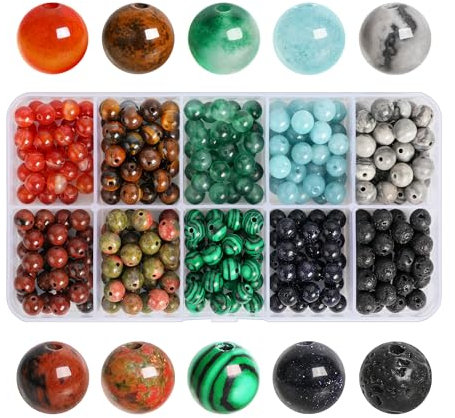 LeisuDay 300 Stück Natürliche Edelsteine ⌀ 6mm rund Perlen für Armbänder Halsketten Schmuck Basteln Auffädeln, 10 Sortierte Steinperlen Edelsteinperlen