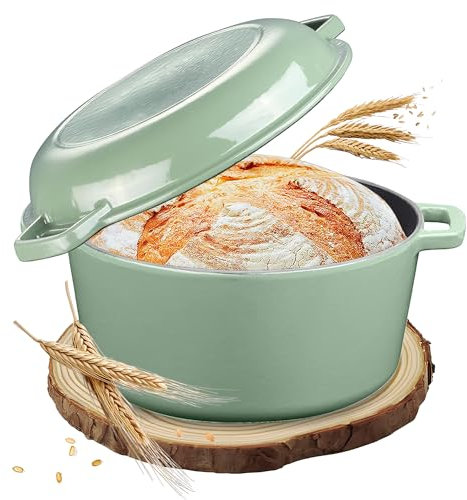 NSIRONS Gusseisen Topf Brot Backen, Bräter mit Deckel, 2in1 Emaille Topf, Idealer 26cm Brotbacktopf, Schmortopf, Brottopf, Gusseisentopf für alle Herdarten, Händler aus Hamburg (Grün)