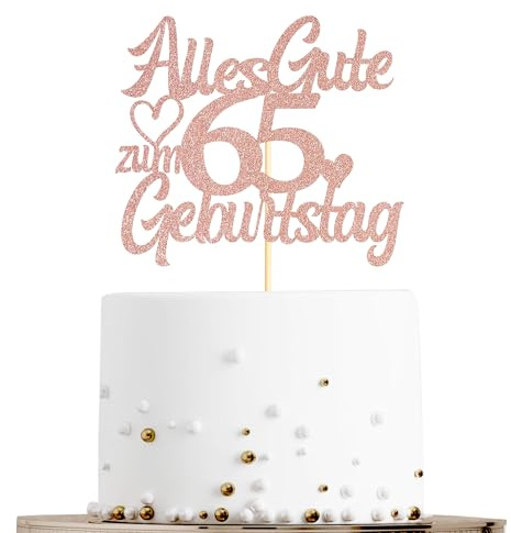 Sumerk Tortenaufsatz zum 65. Geburtstag in Roségold mit Glitzer, Doppelseitige Glitzer Tortendekoration zum 65. Geburtstag – 1 Stück