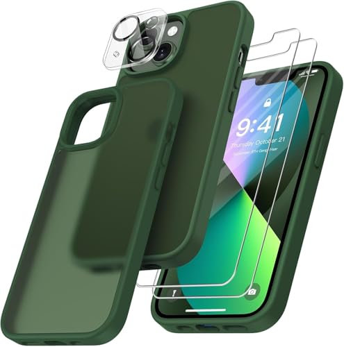 FLLAO 4 in 1 Handyhülle für iPhone 13 Hülle mit 2 Schutzfolie und 1 KameraSchutz, [Integriertes Luftkissen] Stoßfest Kratzfest Weich TPU Schutzhülle für iPhone 13, Dunkelgrün