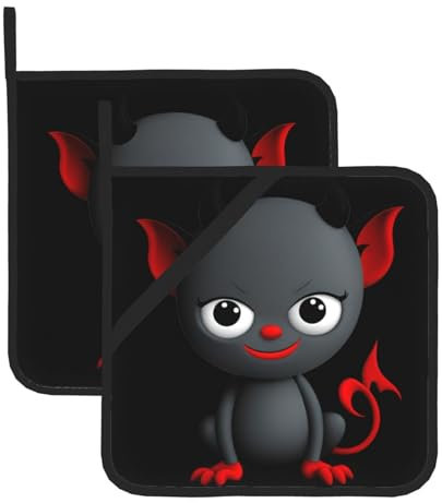 WHJWZY Topflappen-Sets von 2 – Hitzebeständige und langlebige Küchen-Topflappen mit Seil zum Aufhängen, Motiv: Der kleine Teufel