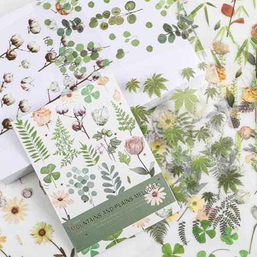 Ouligay 400 Stück Blumen Scrapbooking Sticker Transparent Vintage Pflanzen Flower Sticker Grün Blumen Aufkleber Blumenaufkleber Wasserfeste Plants Floral Stickers für Fotoalbum Laptop Journaling