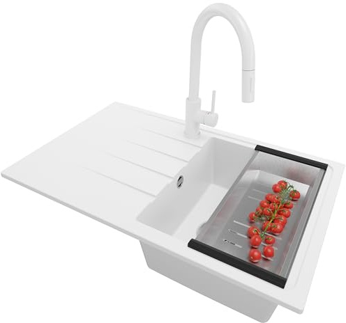 PRIMAGRAN Granitspüle ab 45er Unterschrank + Küchenarmatur, 78x50cm | Set: Küchenarmatur BW9010 + Ablauf-Set (Siphon, Ablaufgarnitur, Überlauf) + Spülbecken 1 Becken - Mailand, Weiß