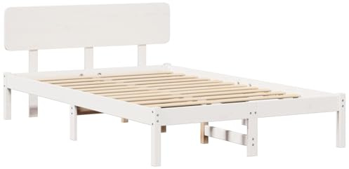 vidaXL Bettgestell mit Kopfteil Weiß 140 x 190 cm, Moderne Schlafzimmer-Einrichtung, Elegantes rechteckiges Bett, Kiefernholzrahmen, stilvolle Deko, bequemer Schlafplatz