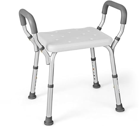 HOMASIS Siège de Baignoire Hauteur Réglable à 6 Niveaux, Tabouret de Douche avec Accoudoirs Rembourrés Amovibles, Chaise de Douche avec Pieds en Caoutchouc pour Personnes Agées, Gris