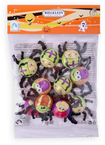 Riegelein Halloween Spinnen aus feinster Vollmilchschokolade, 10 Stück, 50g | Einzeln verpackt, ideal zum Verteilen, Verschenken und als gruselige, süße Halloween-Dekoration