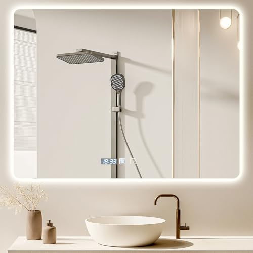 Dibaful 800 x 600 Espejo de Baño con Iluminación Regulable 3000K 4500K 6500K | Tiempo Interruptor Táctil Función Antivaho IP44 Impermeable con Luz para Hotel Hogar Forma de Rectángulo