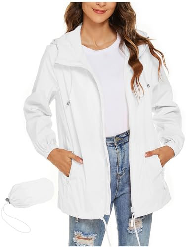 duxyoz White Water-Resistant Jackets For Women Uk Outdoor Summer Jackets Foldaway Thin Hooded Bicycle Rain Jacket Ladies Utdoor Windproof Running Golf Cycling Jacket With Hood Pockets