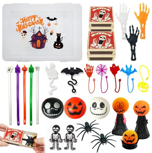 MOMAHUA 26 Stück Halloween Süßigkeiten Spielzeuge Set, Tricky Box mit Künstliche Spinnen, Elastische Skelette, Hüpffiguren, Kürbis Antistressball, Stressabbau Geschenk Box mit Halloween Aufklebern