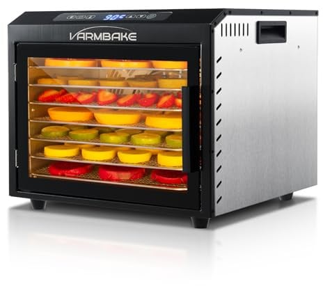 VarmBake Dörrautomat Edelstahl 7 Etagen, 0.56㎡ Dörrfläche, 30-90℃ Lebensmittel Dörrautomat Klein, 800W Dehydrator Für Obst, Gemüse Fleisch Dörrautomaten, & 316 Tabletts(32X25 cm)