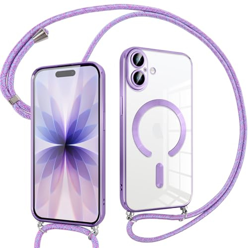 Pnakqil Coque pour iPhone 17 avec Cordon, Compatible avec MagSafe, Transparent Silicone Ultra Mince Housse avec Réglable Collier, Antichoc Protection Magnétique Housse, Bandoulière-Violet