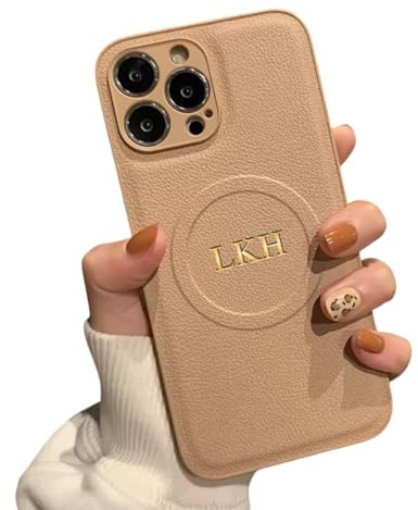 Tan Beige Nude Bronze Engraved Faux Leather Chrome Luxury Initials Magnetic Wireless Charging Personalised Customized Letter Compatible With iPhone 17 11 12 13 14 15 16 Pro Max Plus Case Name