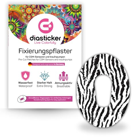 Diasticker® | Pflaster für Dexcom G6 Sensor (10 Stück, Pure Zebra) | Wasserfest - Hautfreundlich - Atmungsaktiv - Starker Halt | Selbstklebende Fixierpflaster, Sensor-Fixierung