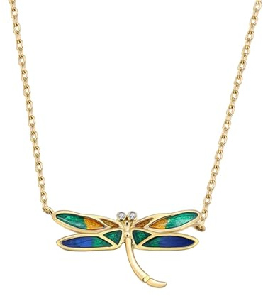 Stfery 14K Gelbgold Kette Damen, Libelle Anhänger Halskette mit Bunter Emaille und Diamant 0.006ct, Goldkette 14 Karat Echtschmuck Personalisiert