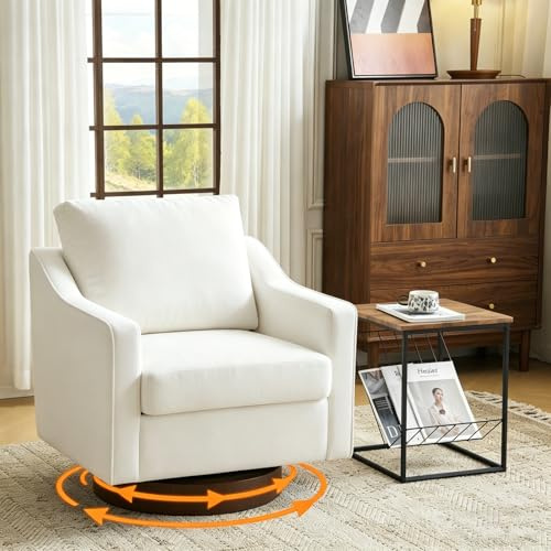 Bonnlo 360° Swivel Armchair, Comfy Accent Chair, Thick Cushion Tub Chair | Mid-Century Armchair with Pillow & Walnut Base, Comfortable Armchair for Living Room, Apartment, Office, Beige