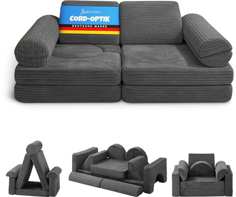 Bestlivings Spielsofa Kinder 11-teilig Bezug (Anthrazit) aus Flanell-Cord – Modulare Spielcouch für kreatives Bauen im Kinderzimmer, formstabil und erweiterbar