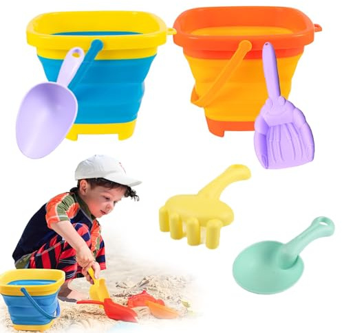 Bucket and Spade Set,6-Piece Collapsible Pails with 3 Spades and Hand Rake | Garden and seaside use, soft plastic grips, rake plus shaped digging tools, flat storage, family trips