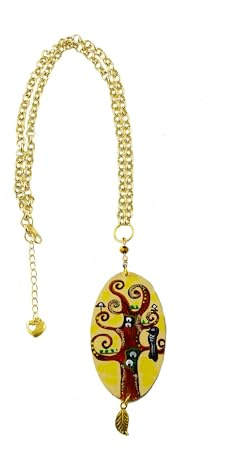 Arte Lisanti Collier pendentif peint à la main – L’ARBRE DE LA VIE DE KLIMT – Collier avec pendentif peint à la main, médaille en bois peinte à la main, bijou élégant en bois entièrement peint