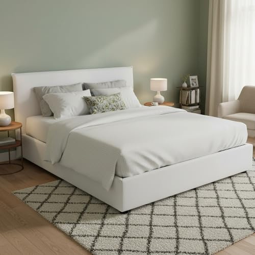 Talamo Italia - Doppelbett Bonella, Bettkasten mit Stoffbezug, 100 % Made in Italy, Öffnung vorne, geeignet für Matratzen 160 x 200 cm, Weiß
