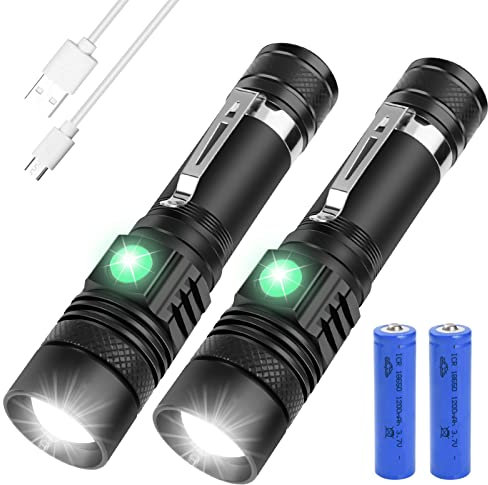 flintronic 2PCS LED Torch Rechargeable, Mini Clip Torch with 2 Batteries, CREE-T6 Super Bright 1200 Lumens, Lightweight Waterproof 4 Modes, Zoomable Flashlights for Outdoor Camping Hiking Emergency