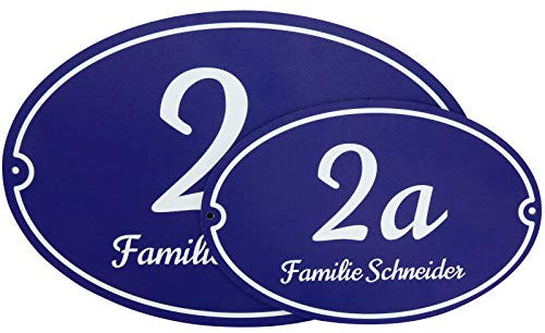 Hausnummer Schild blau 15x10 oval mit Nummer und Name Bedruckt