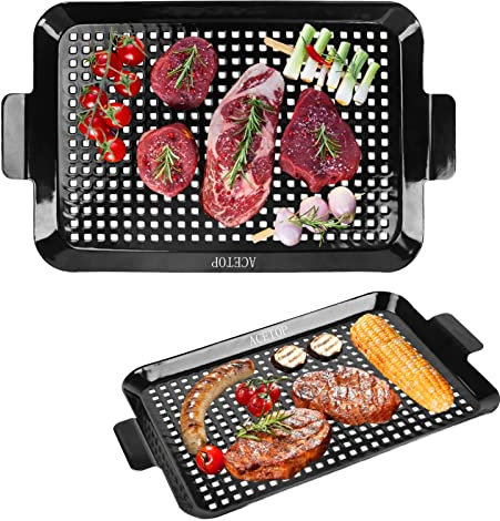 2PCS Grill Topper Pans ACETOP Nonstick Barbecue Grilling Baskets Outdoor Indoor Stainless Steel Grill Tray Accessories with Perforated Bottom for Cooking Chicken Drumsticks Vegetable Shrimp Meat Gifts