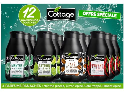 Cottage- Gels douche et Shampoings pour Homme - 3en 1 - Offre spéciale 12 shampoings douches -12 * 250ml - Fabriqué en France