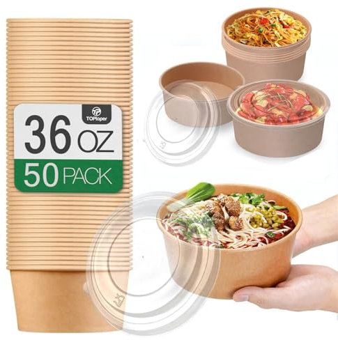 TOPtoper 36Oz 50Pcs Large Paper Bowls with Lids, Disposable Soup Serving Bowls Bulk Party Supplies for Hot/Cold Food, Soup (36 OZ)