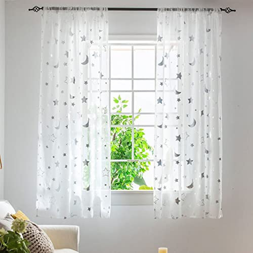SPORTARC Rideaux de fenêtre semi-transparents de 1 m de long pour chambre de fille, chambre à coucher, joli motif lune et étoiles, voilage en tulle, 1 panneau, 1 m x 1.